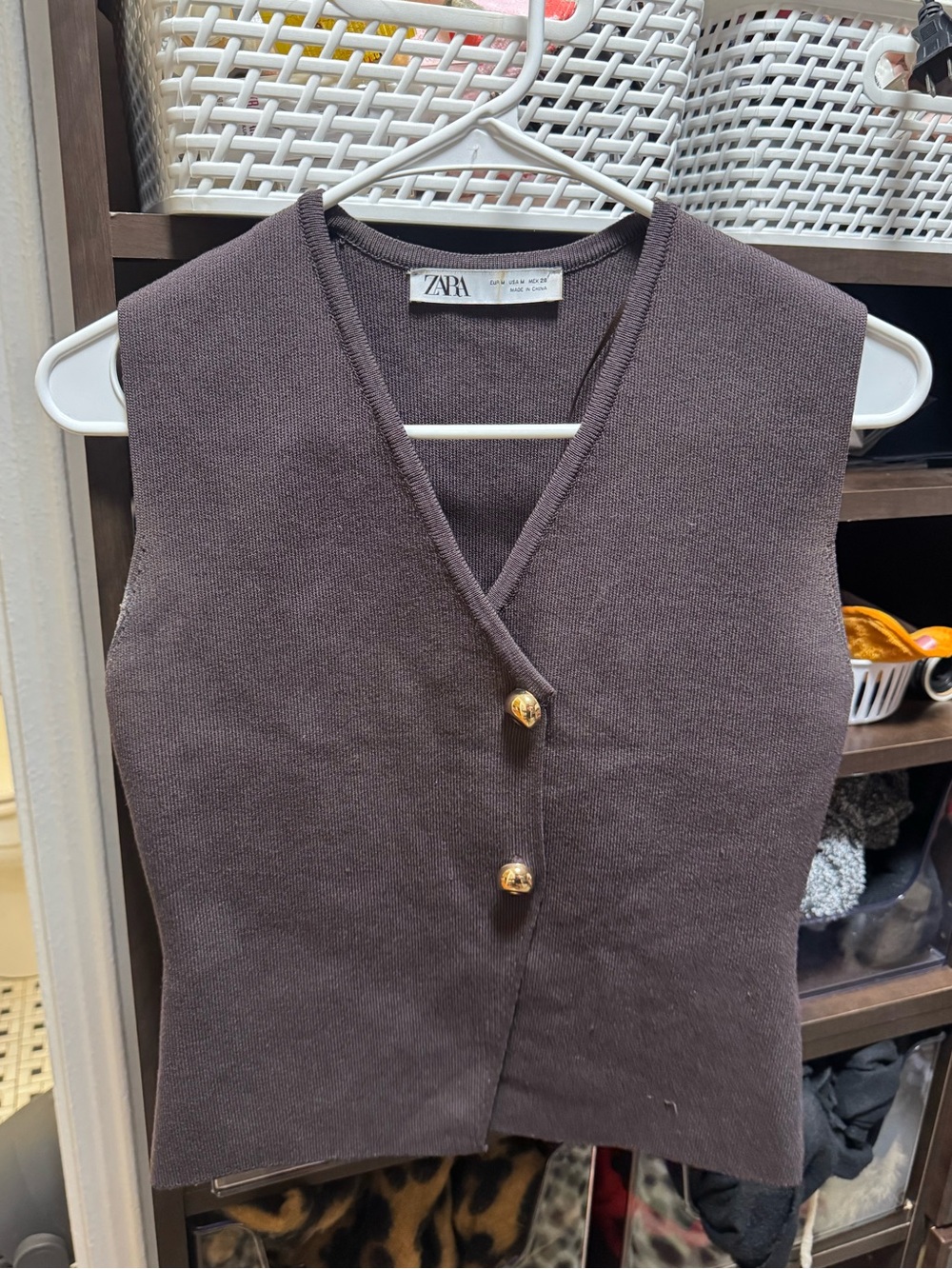 Zara Women's Dark Brown V-Neck Sleeveless Knit Vest with Gold Buttons